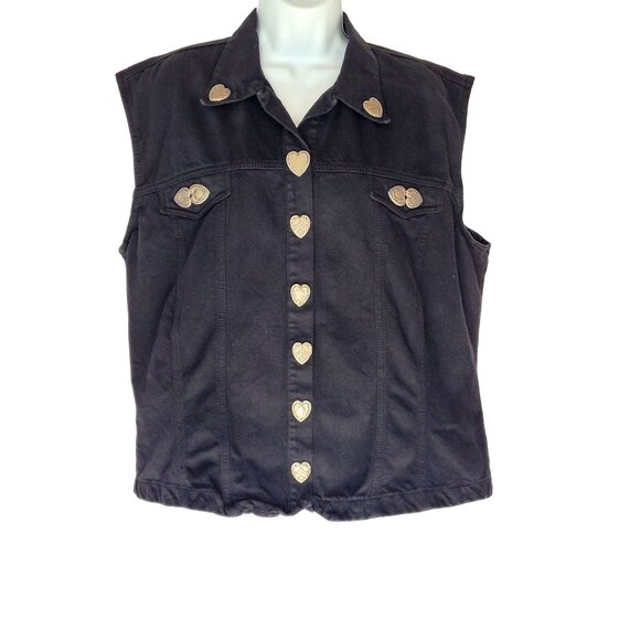 Museum Collection Black Denim Vest Womens XL Metal Heart Buttons Sleeveless Coll - Picture 2 of 10